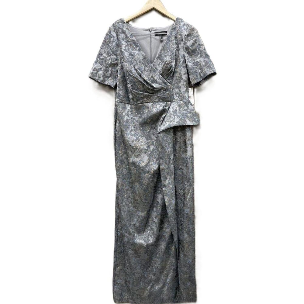 NWT Aidan Mattox Metallic Jacquard V-Neck Draped Peplum Gown Slate Gray 14
